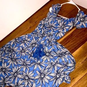 Blue Off Shoulder Flower Dress with Rope Belt